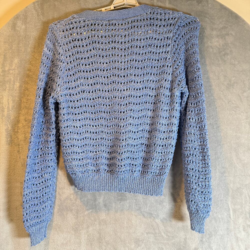 Lulu’s Blue Crochet Knit Cardigan Button Front Lightweight Sweater Medium - Picture 2 of 8